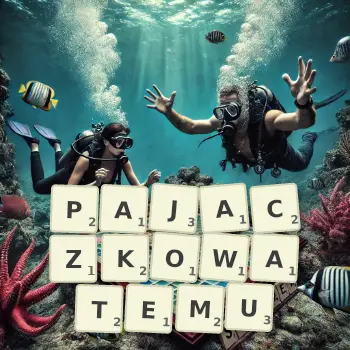 Kreatywna ilustracja do gry w Scrabble ze słowem PAJACZKOWATEMU ułożonym z płytek na planszy.