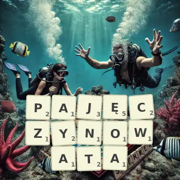 Kreatywna ilustracja do gry w Scrabble ze słowem PAJĘCZYNOWATA ułożonym z płytek na planszy.