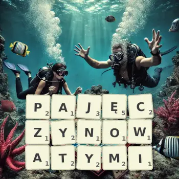Kreatywna ilustracja do gry w Scrabble ze słowem PAJĘCZYNOWATYMI ułożonym z płytek na planszy.