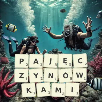 Kreatywna ilustracja do gry w Scrabble ze słowem PAJĘCZYNÓWKAMI ułożonym z płytek na planszy.