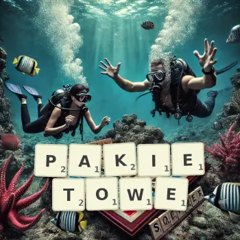 Kreatywna ilustracja do gry w Scrabble ze słowem PAKIETOWE ułożonym z płytek na planszy.