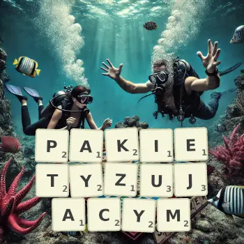 Kreatywna ilustracja do gry w Scrabble ze słowem PAKIETYZUJACYM ułożonym z płytek na planszy.