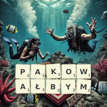 Kreatywna ilustracja do gry w Scrabble ze słowem PAKOWAŁBYM ułożonym z płytek na planszy.