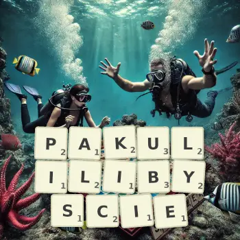 Kreatywna ilustracja do gry w Scrabble ze słowem PAKULILIBYSCIE ułożonym z płytek na planszy.