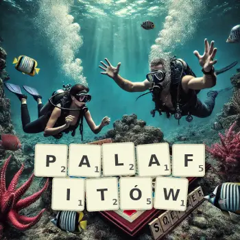 Kreatywna ilustracja do gry w Scrabble ze słowem PALAFITÓW ułożonym z płytek na planszy.