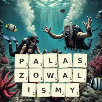 Kreatywna ilustracja do gry w Scrabble ze słowem PALASZOWALISMY ułożonym z płytek na planszy.