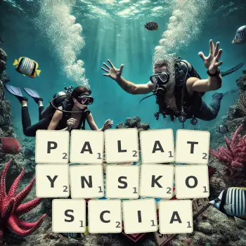 Kreatywna ilustracja do gry w Scrabble ze słowem PALATYNSKOSCIA ułożonym z płytek na planszy.