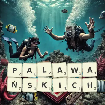 Kreatywna ilustracja do gry w Scrabble ze słowem PALAWAŃSKICH ułożonym z płytek na planszy.