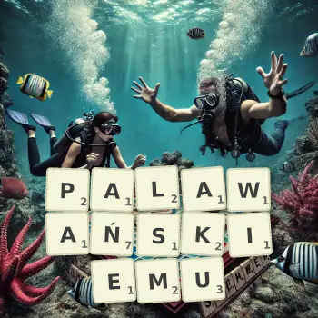 Kreatywna ilustracja do gry w Scrabble ze słowem PALAWAŃSKIEMU ułożonym z płytek na planszy.