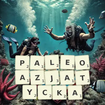 Kreatywna ilustracja do gry w Scrabble ze słowem PALEOAZJATYCKA ułożonym z płytek na planszy.