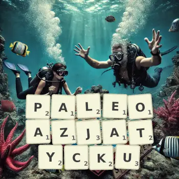 Kreatywna ilustracja do gry w Scrabble ze słowem PALEOAZJATYCKU ułożonym z płytek na planszy.