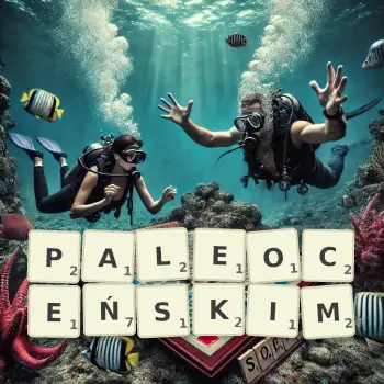 Kreatywna ilustracja do gry w Scrabble ze słowem PALEOCEŃSKIM ułożonym z płytek na planszy.