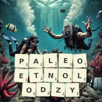 Kreatywna ilustracja do gry w Scrabble ze słowem PALEOETNOLODZY ułożonym z płytek na planszy.