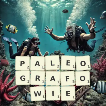Kreatywna ilustracja do gry w Scrabble ze słowem PALEOGRAFOWIE ułożonym z płytek na planszy.