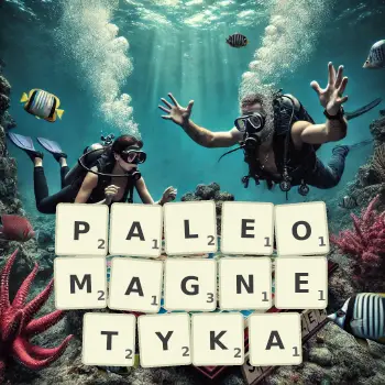 Kreatywna ilustracja do gry w Scrabble ze słowem PALEOMAGNETYKA ułożonym z płytek na planszy.