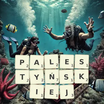 Kreatywna ilustracja do gry w Scrabble ze słowem PALESTYŃSKIEJ ułożonym z płytek na planszy.
