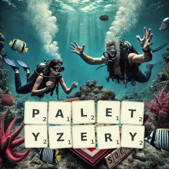 Kreatywna ilustracja do gry w Scrabble ze słowem PALETYZERY ułożonym z płytek na planszy.