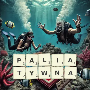 Kreatywna ilustracja do gry w Scrabble ze słowem PALIATYWNA ułożonym z płytek na planszy.