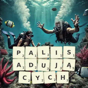 Kreatywna ilustracja do gry w Scrabble ze słowem PALISADUJĄCYCH ułożonym z płytek na planszy.