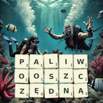 Kreatywna ilustracja do gry w Scrabble ze słowem PALIWOOSZCZĘDNĄ ułożonym z płytek na planszy.