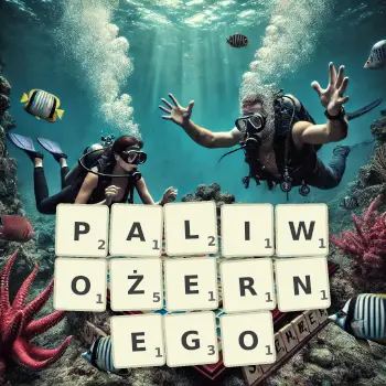Kreatywna ilustracja do gry w Scrabble ze słowem PALIWOŻERNEGO ułożonym z płytek na planszy.