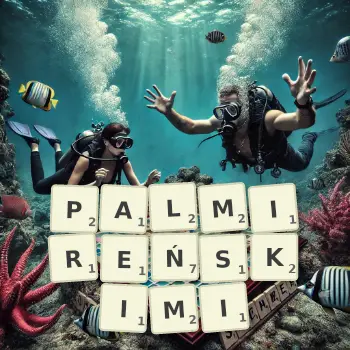 Kreatywna ilustracja do gry w Scrabble ze słowem PALMIREŃSKIMI ułożonym z płytek na planszy.