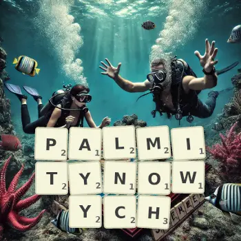 Kreatywna ilustracja do gry w Scrabble ze słowem PALMITYNOWYCH ułożonym z płytek na planszy.