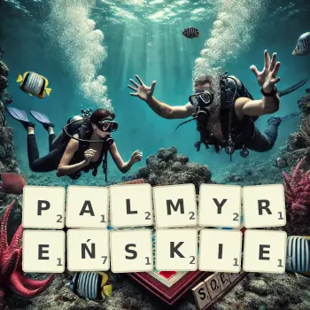 Kreatywna ilustracja do gry w Scrabble ze słowem PALMYREŃSKIE ułożonym z płytek na planszy.