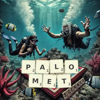 Kreatywna ilustracja do gry w Scrabble ze słowem PALOMET ułożonym z płytek na planszy.