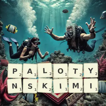 Kreatywna ilustracja do gry w Scrabble ze słowem PALOTYNSKIMI ułożonym z płytek na planszy.