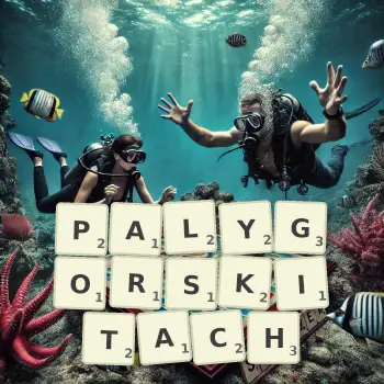 Kreatywna ilustracja do gry w Scrabble ze słowem PALYGORSKITACH ułożonym z płytek na planszy.