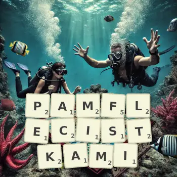 Kreatywna ilustracja do gry w Scrabble ze słowem PAMFLECISTKAMI ułożonym z płytek na planszy.