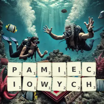 Kreatywna ilustracja do gry w Scrabble ze słowem PAMIECIOWYCH ułożonym z płytek na planszy.