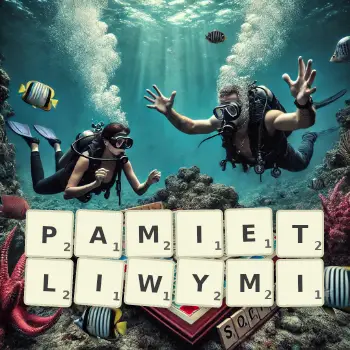 Kreatywna ilustracja do gry w Scrabble ze słowem PAMIETLIWYMI ułożonym z płytek na planszy.