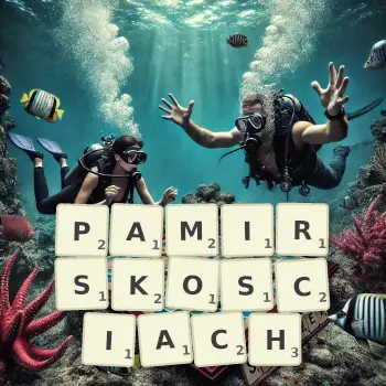 Kreatywna ilustracja do gry w Scrabble ze słowem PAMIRSKOSCIACH ułożonym z płytek na planszy.