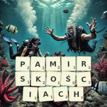Kreatywna ilustracja do gry w Scrabble ze słowem PAMIRSKOŚCIACH ułożonym z płytek na planszy.