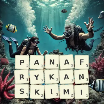Kreatywna ilustracja do gry w Scrabble ze słowem PANAFRYKANSKIMI ułożonym z płytek na planszy.