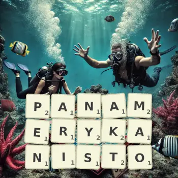 Kreatywna ilustracja do gry w Scrabble ze słowem PANAMERYKANISTO ułożonym z płytek na planszy.