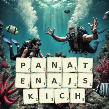 Kreatywna ilustracja do gry w Scrabble ze słowem PANATENAJSKICH ułożonym z płytek na planszy.