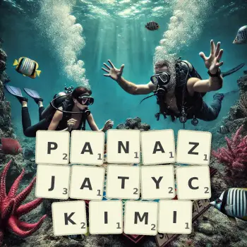 Kreatywna ilustracja do gry w Scrabble ze słowem PANAZJATYCKIMI ułożonym z płytek na planszy.