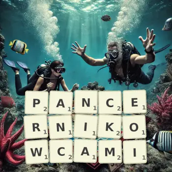 Kreatywna ilustracja do gry w Scrabble ze słowem PANCERNIKOWCAMI ułożonym z płytek na planszy.