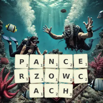 Kreatywna ilustracja do gry w Scrabble ze słowem PANCERZOWCACH ułożonym z płytek na planszy.