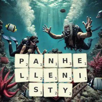 Kreatywna ilustracja do gry w Scrabble ze słowem PANHELLENISTY ułożonym z płytek na planszy.