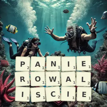 Kreatywna ilustracja do gry w Scrabble ze słowem PANIEROWALISCIE ułożonym z płytek na planszy.