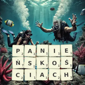Kreatywna ilustracja do gry w Scrabble ze słowem PANIEŃSKOŚCIACH ułożonym z płytek na planszy.