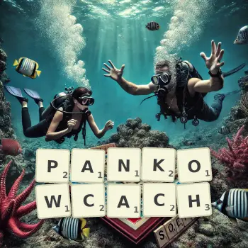 Kreatywna ilustracja do gry w Scrabble ze słowem PANKOWCACH ułożonym z płytek na planszy.