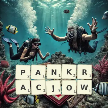 Kreatywna ilustracja do gry w Scrabble ze słowem PANKRACJOW ułożonym z płytek na planszy.