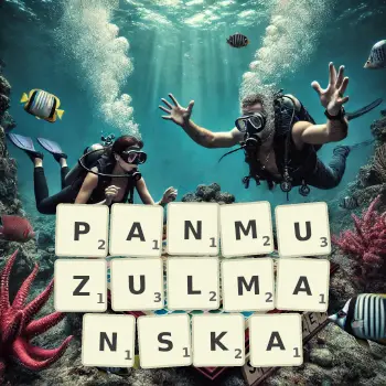 Kreatywna ilustracja do gry w Scrabble ze słowem PANMUZULMANSKA ułożonym z płytek na planszy.