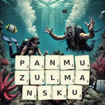 Kreatywna ilustracja do gry w Scrabble ze słowem PANMUZULMANSKU ułożonym z płytek na planszy.