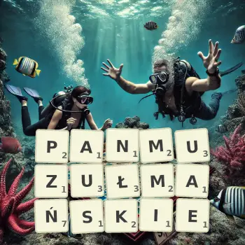 Kreatywna ilustracja do gry w Scrabble ze słowem PANMUZUŁMAŃSKIE ułożonym z płytek na planszy.
